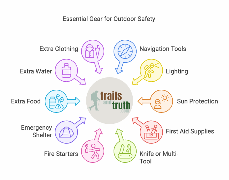 Infographic showing 10 essential gear items for outdoor safety, including navigation tools, lighting, sun protection, first aid, knife, fire starters, emergency shelter, extra food, water, and clothing