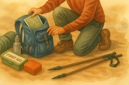 Watercolor-style painting of a hiker packing essentials like a first aid kit, trekking poles, and water bottle