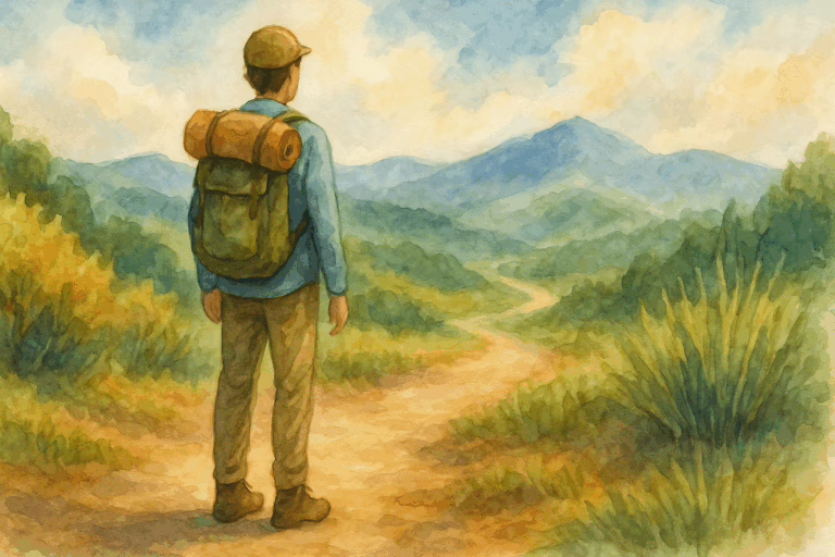 Watercolor painting of a person enjoying mindful hiking on a scenic trail with mountains and greenery in the background